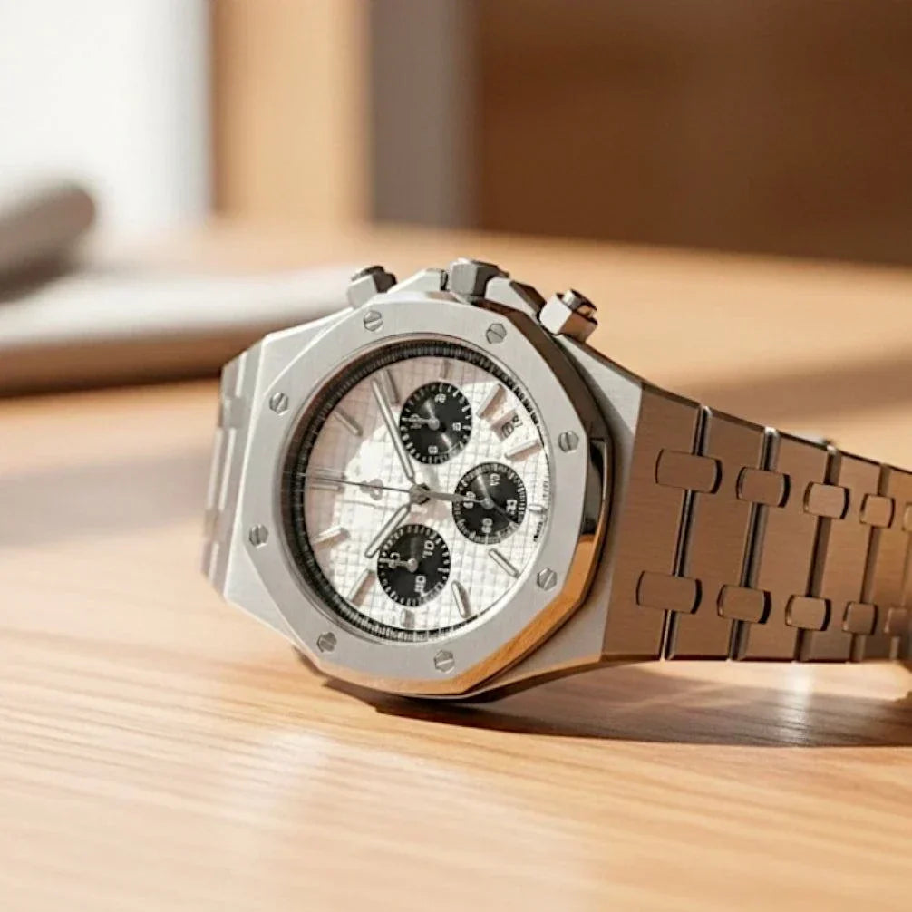 Heritage Oak SeiOak black white panda dial modded Seiko chronograph watch with stainless steel bracelet