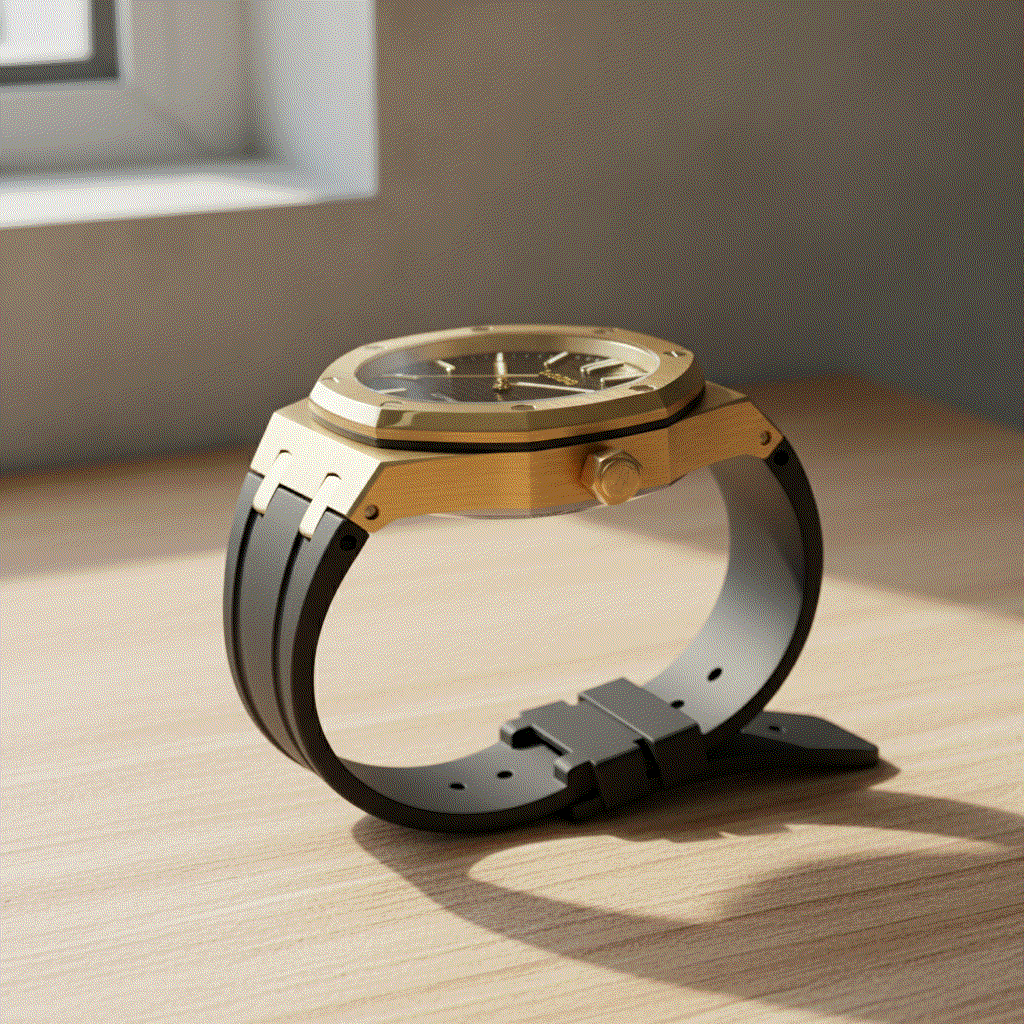 Gold Heritage Oak Seiko Mod watch with black dial and stainless steel case