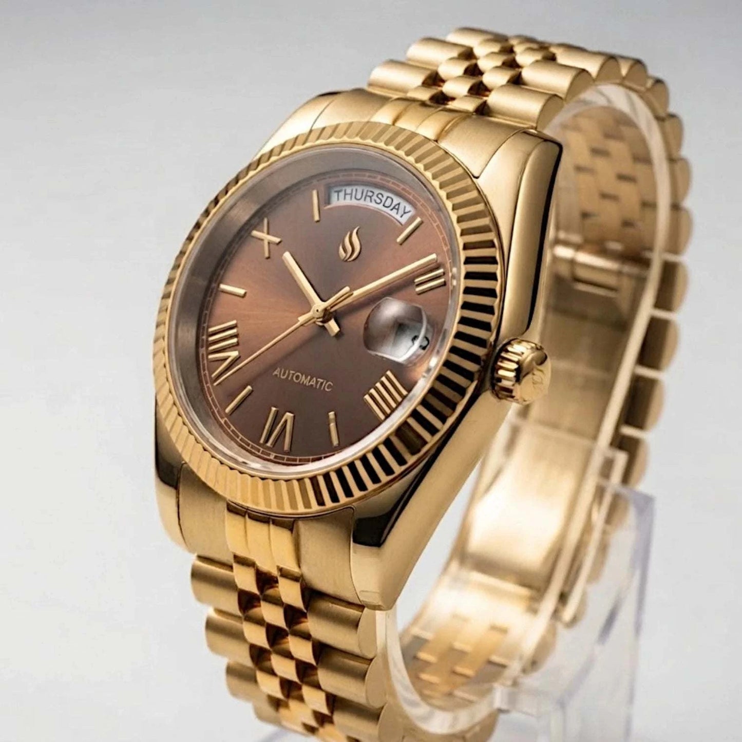 Seiko Mod DayDate watch with gold chocolate Roman numerals dial by Modtime Creations