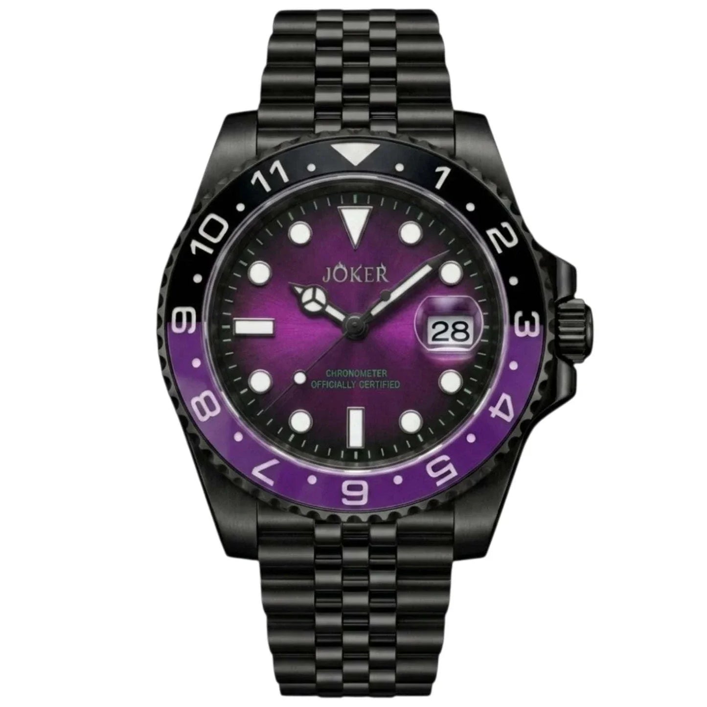 Customized purple and black Joker Seiko Mod Submariner Diver watch by Modtime with NH35 automatic movement and sapphire crystal