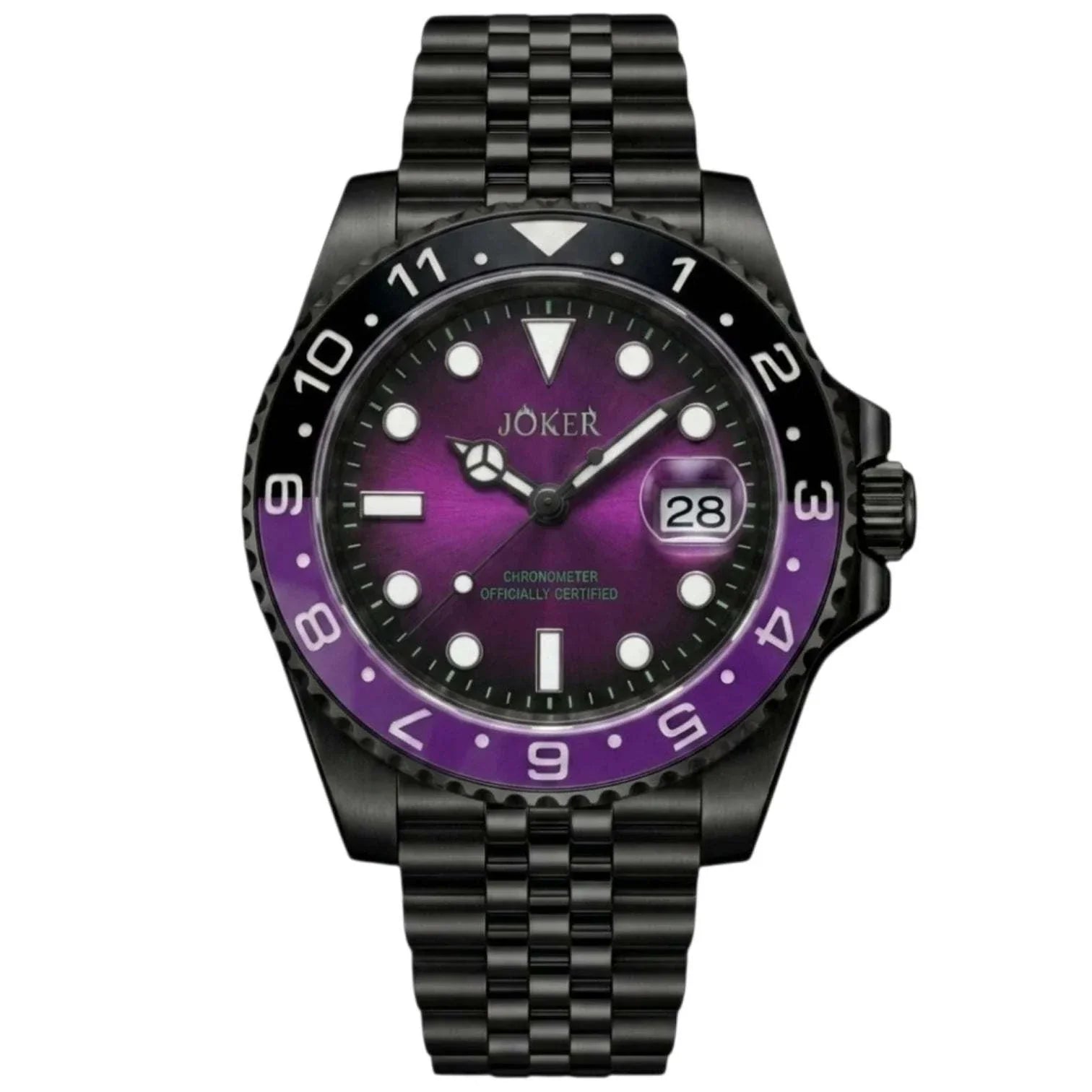 Customized purple and black Joker Seiko Mod Submariner Diver watch by Modtime with NH35 automatic movement and sapphire crystal