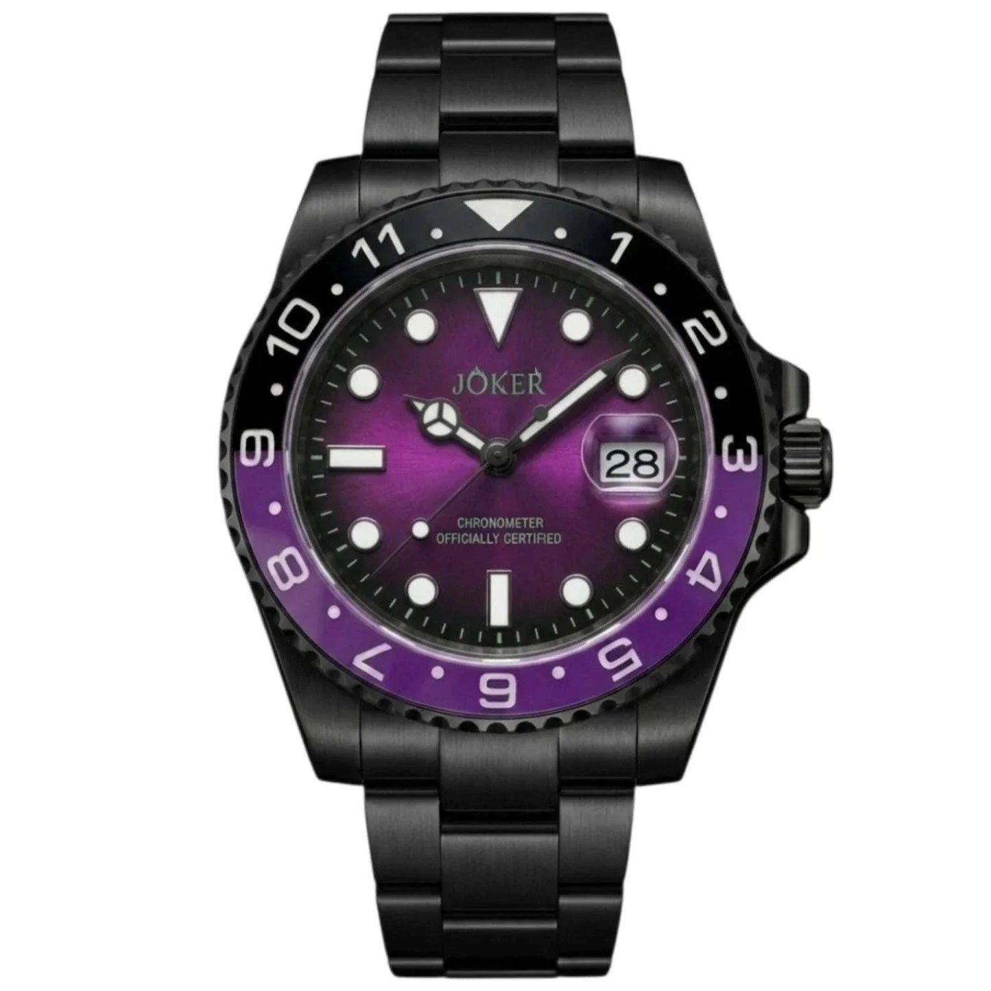 Customized purple and black Joker Seiko Mod Submariner Diver watch by Modtime with NH35 automatic movement and sapphire crystal