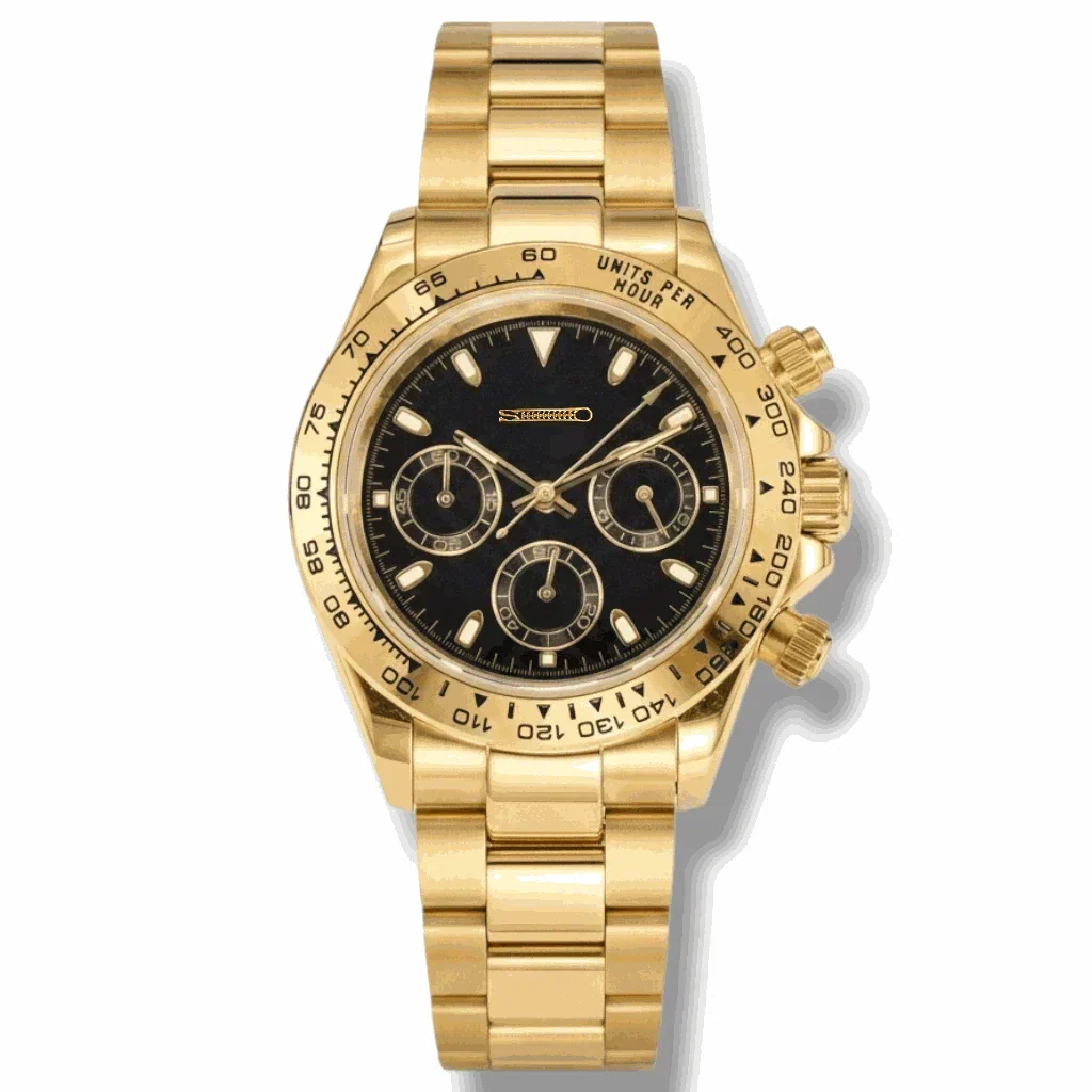 Seitona gold case Seiko Mod watch with black gold dial and chronograph features