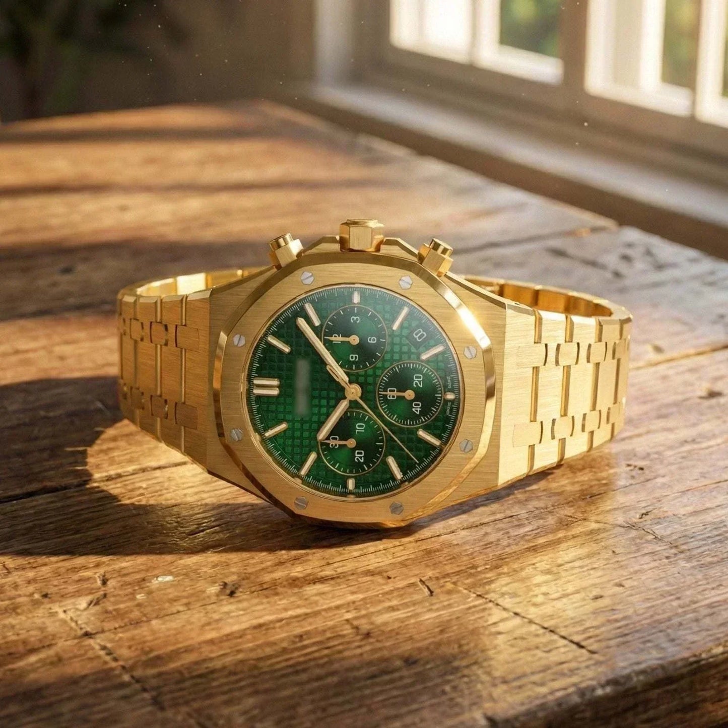 Modded Seiko Heritage Oak chronograph watch with green dial and stainless steel bracelet