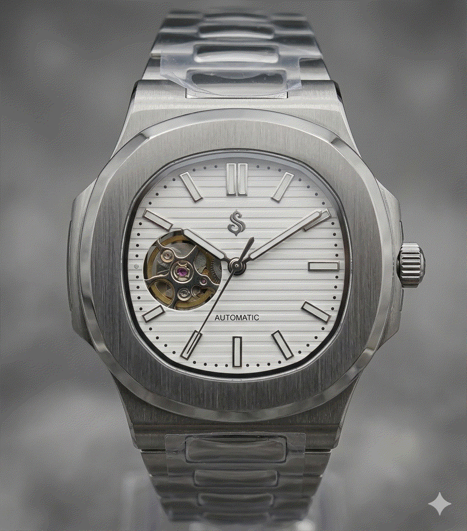 Seiko Mod Nautilus open-heart white dial watch with stainless steel case and sapphire crystal