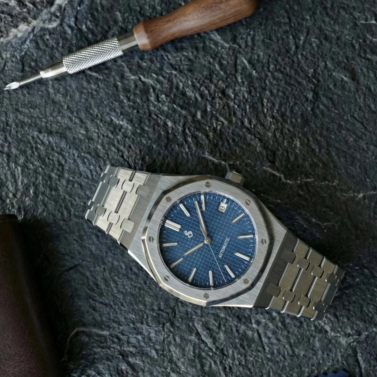 Seiko Mod Heritage Oak watch with blue dial and stainless steel case by Modtime Creations