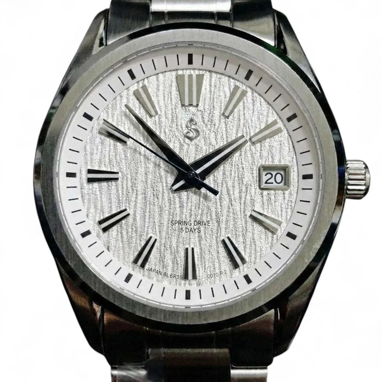 Modded Seiko automatic watch with textured white dial and sapphire crystal by Modtime Creations