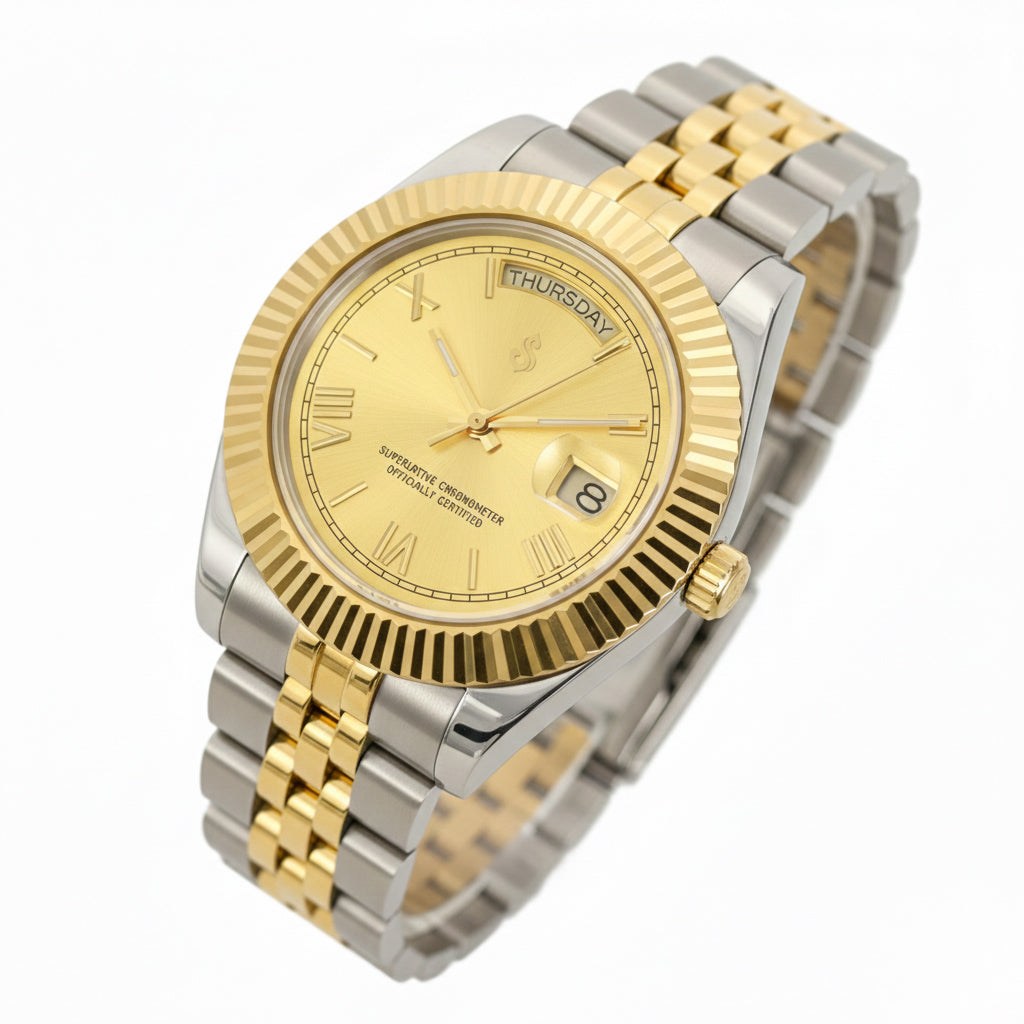 Modtime two-tone Seiko mod watch with gold Roman numerals day and date dial