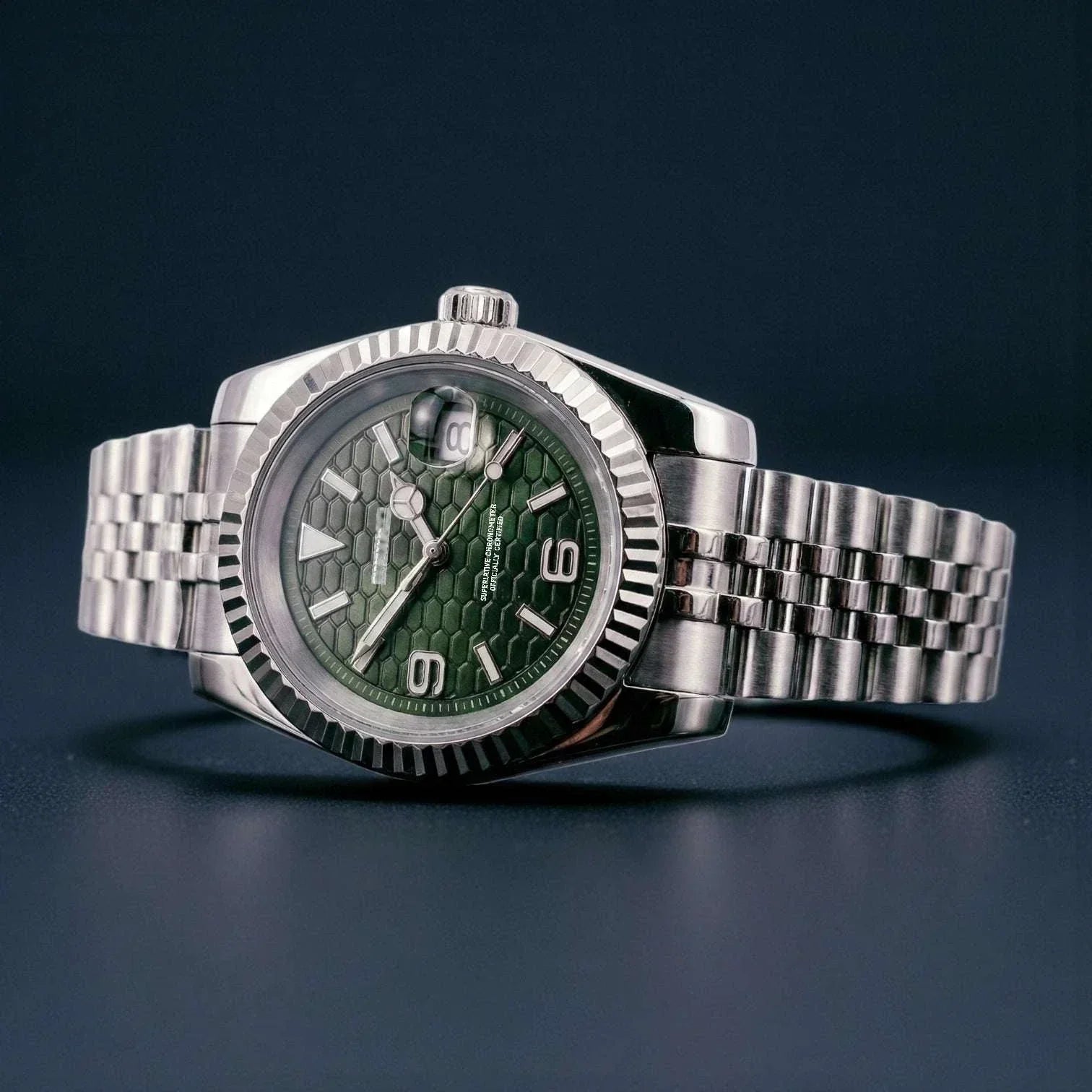 SeikJust Date Window watch with silver green dial and NH35 automatic movement by Modtime Creations