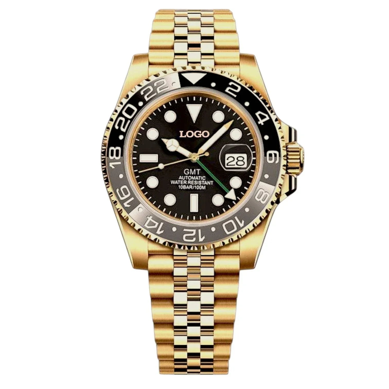 SeikMariner GMT Seiko Mod luxury watch with black dial and gold accents