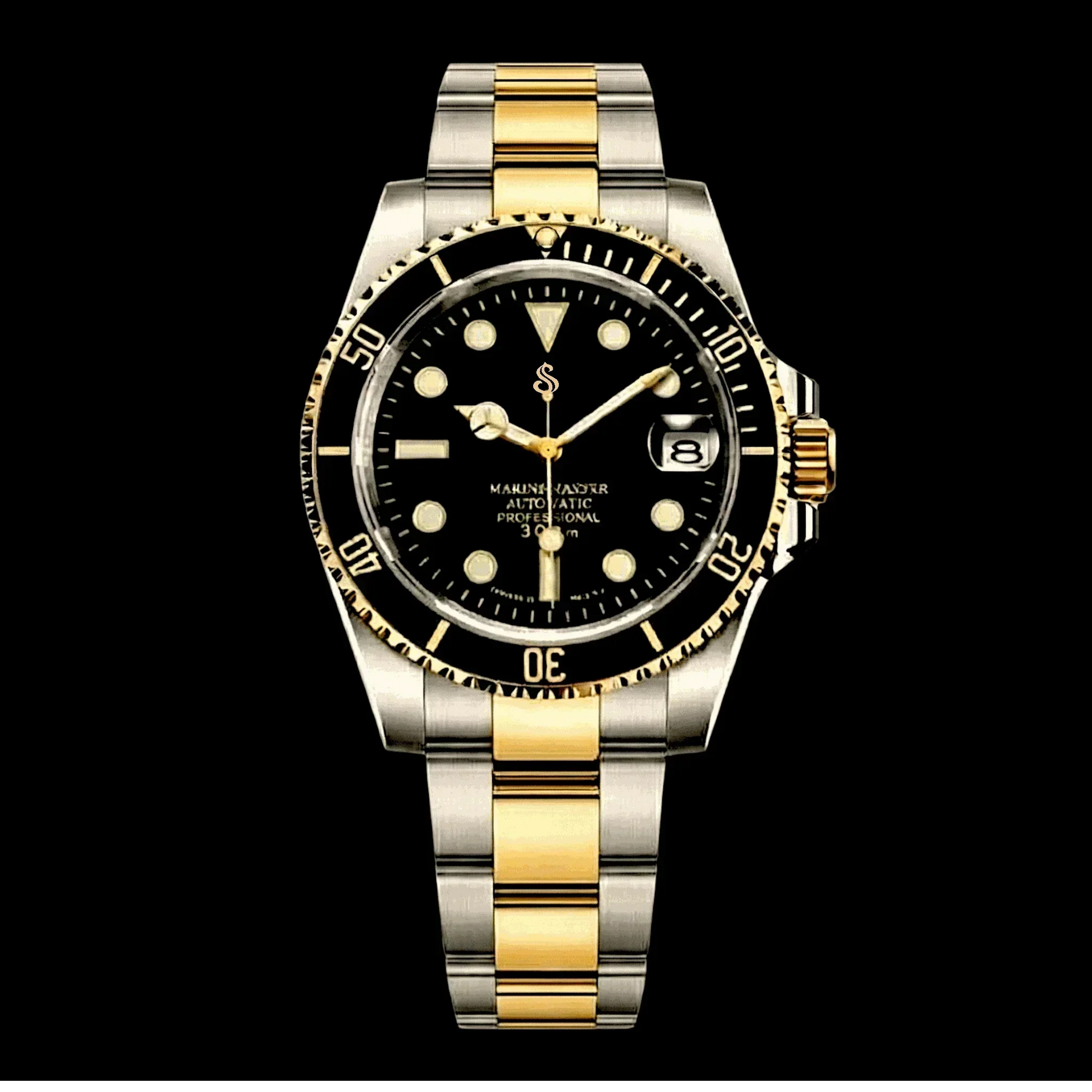 SeikMariner Black Gold Two-Tone Seiko Mod diver watch with NH35 automatic movement and sapphire crystal