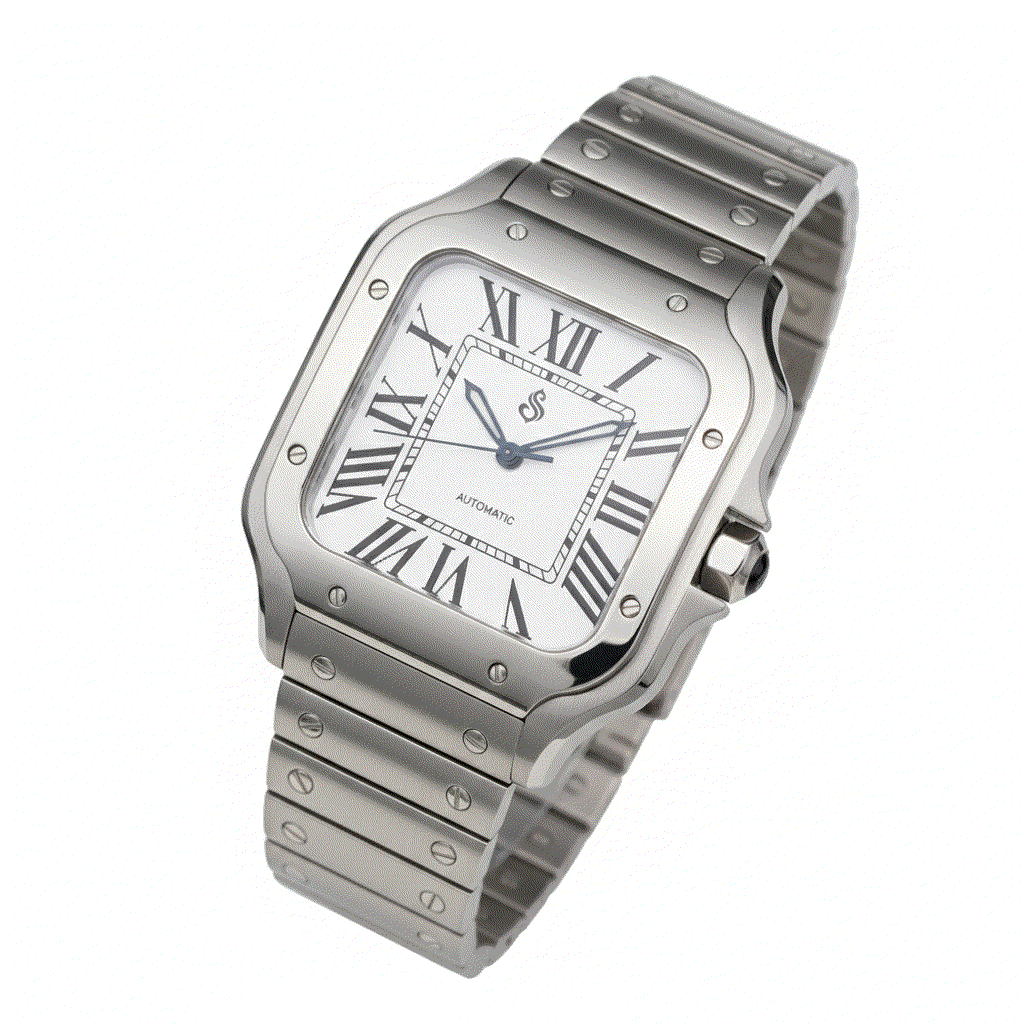 Santeiko silver case watch with white dial inspired by Santos design, NH35 automatic movement, sapphire glass, and stainless steel bracelet, a luxury Seiko mod by Modtime Creations