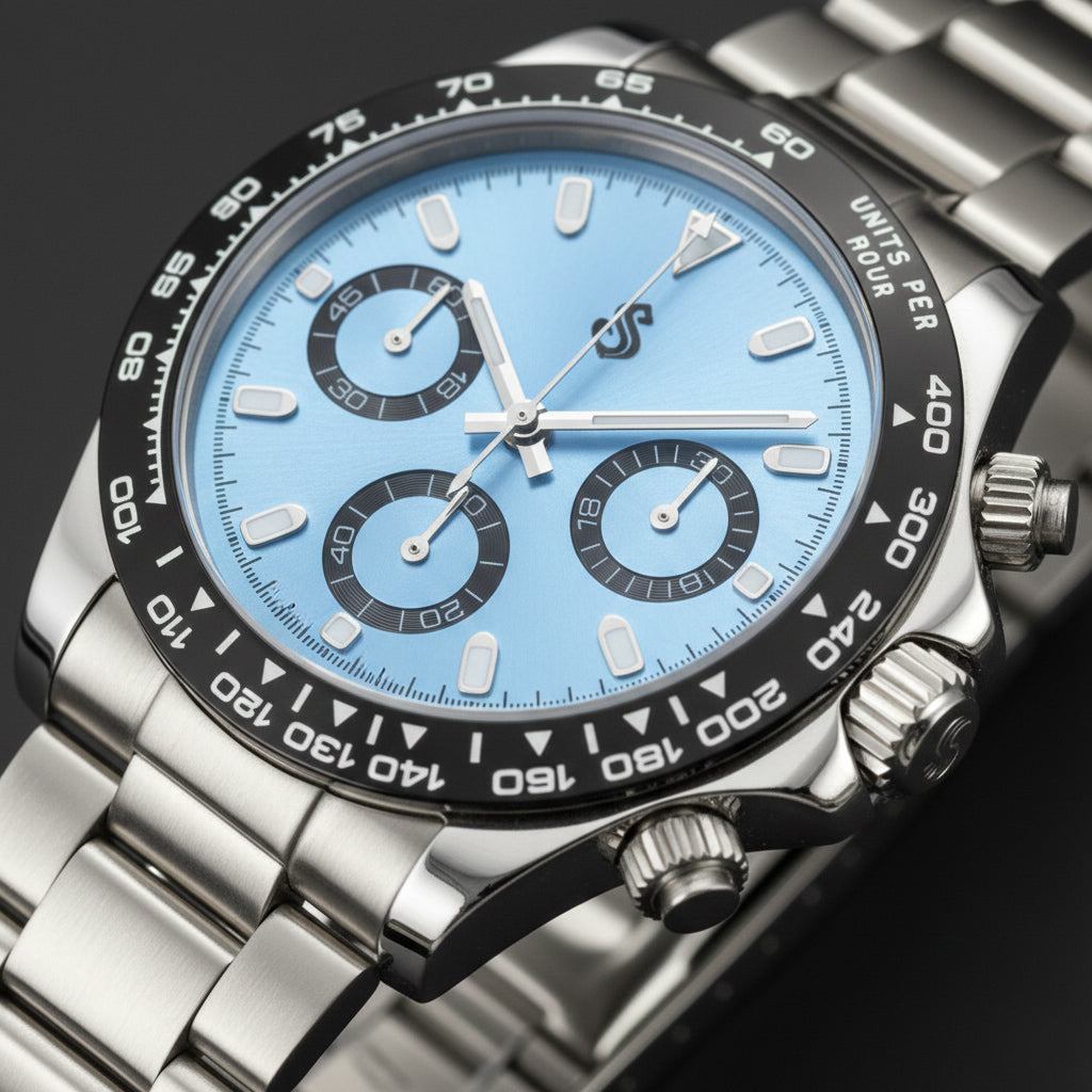 Seitona Light Blue Platinum Seiko Mod luxury chronograph watch with VK63 hybrid movement and stainless steel bracelet
