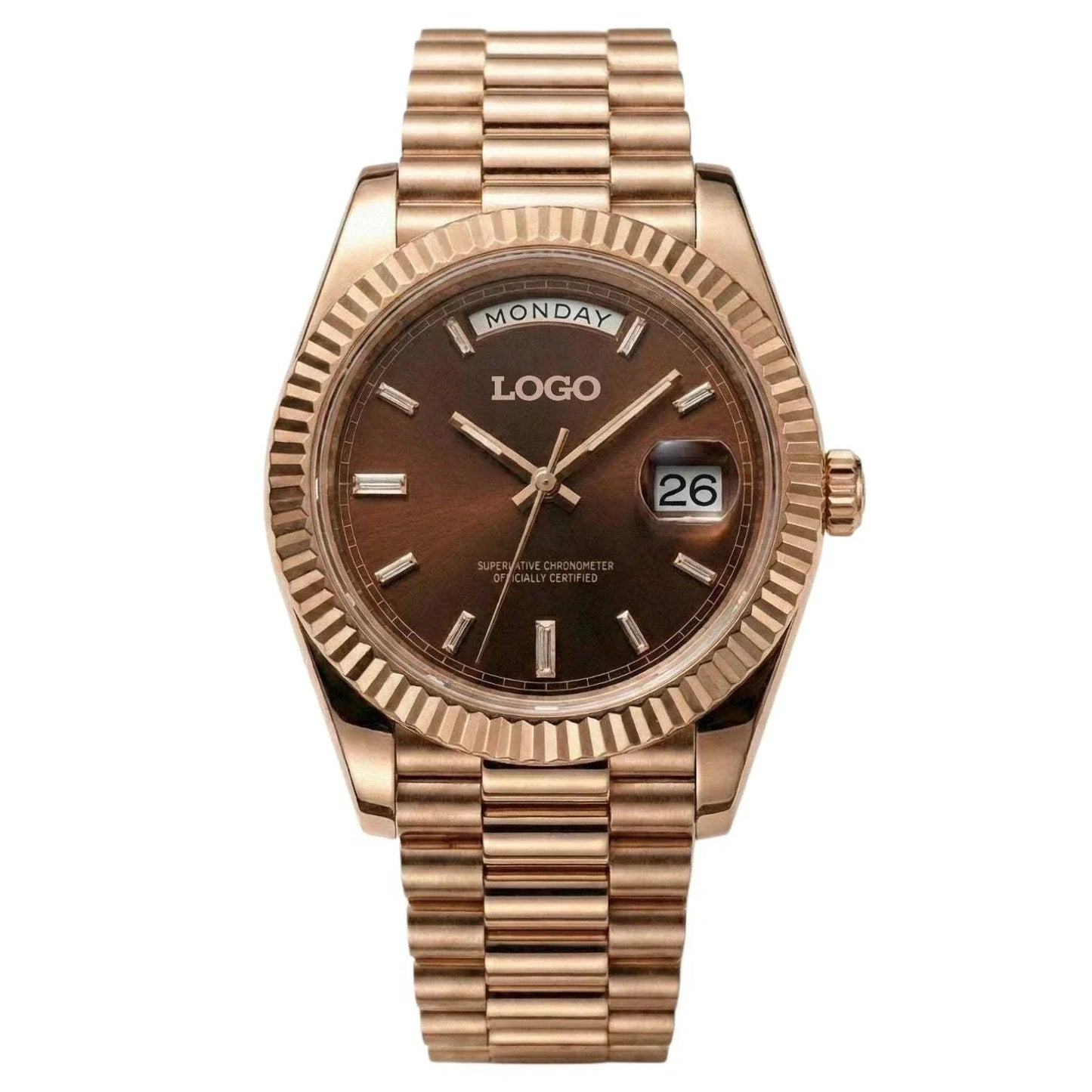 Modded Seiko watch with rose gold case and chocolate dial from Modtime Creations Day & Date series