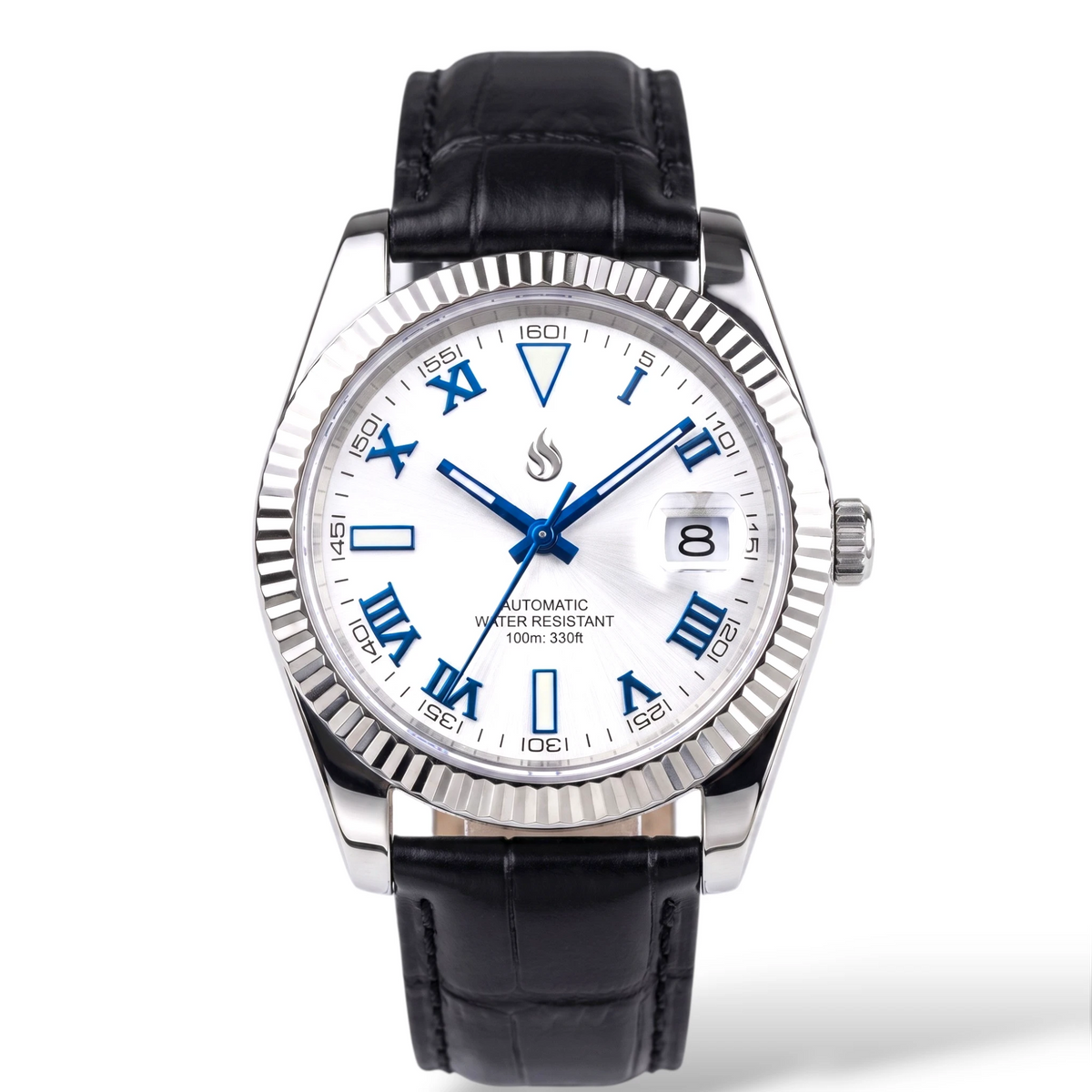 SeikJust Date Window White Blue Roman Numeral Dial Mod Watch - Modtime Creations