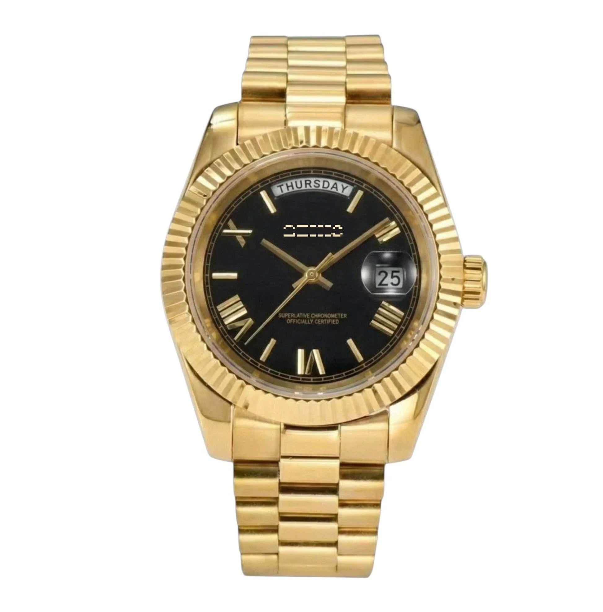 Modded Seiko luxury watch with black gold dial and Roman numerals from Modtime Creations