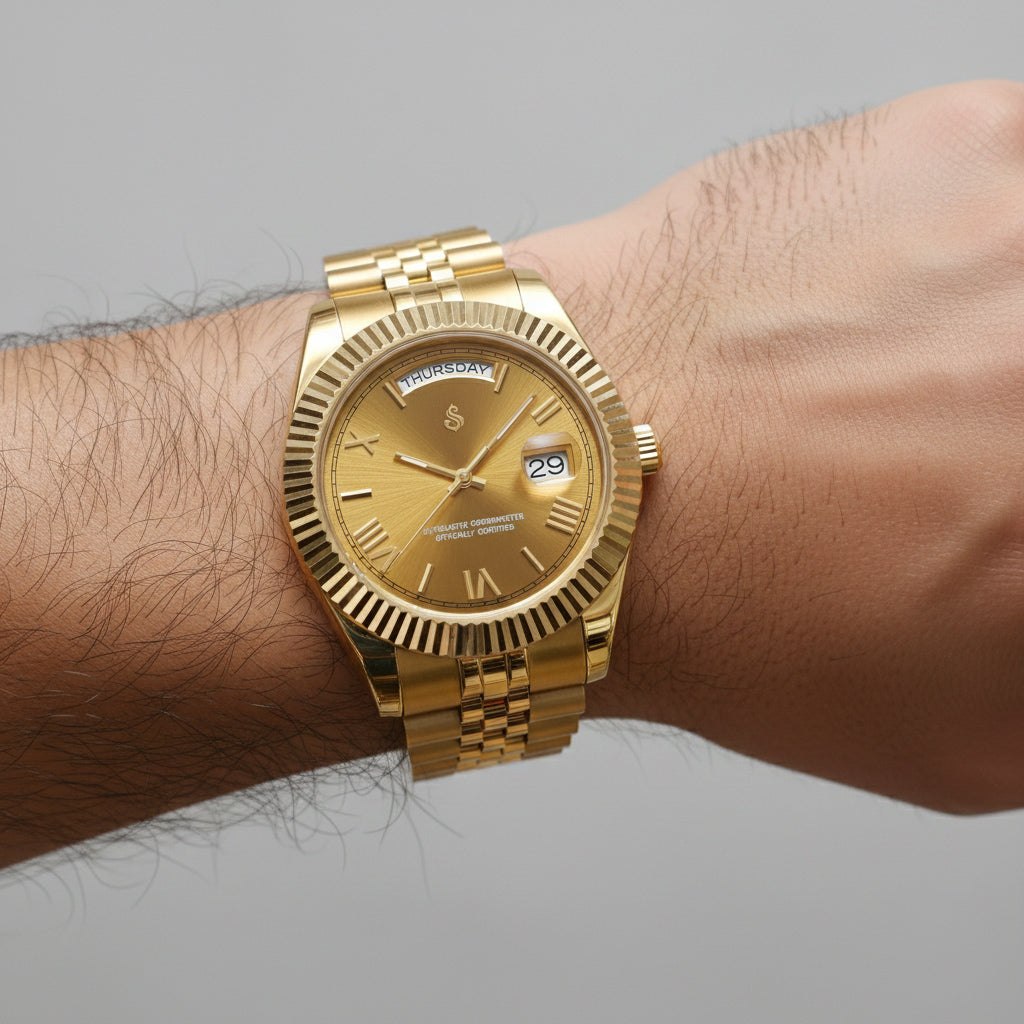 Modtime Seiko Mod watch with gold Roman numerals and day-date display on chocolate dial