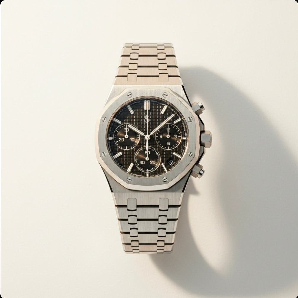 Modded Seiko Heritage Oak chronograph watch with black dial and stainless steel bracelet