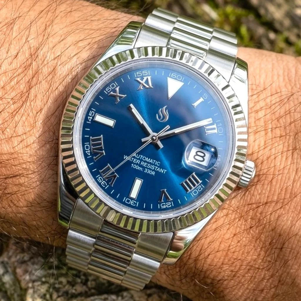 SeikJust Date Window Blue Roman Numeral Dial Mod Watch - Modtime Creations