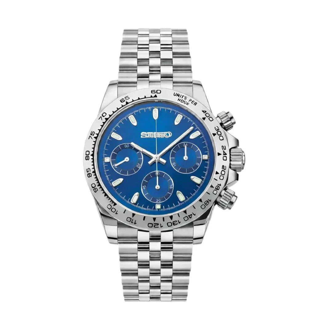 Seitona Seiko Mod luxury watch with silver case and dazzling blue dial, 40mm chronograph handcrafted by Modtime Creations