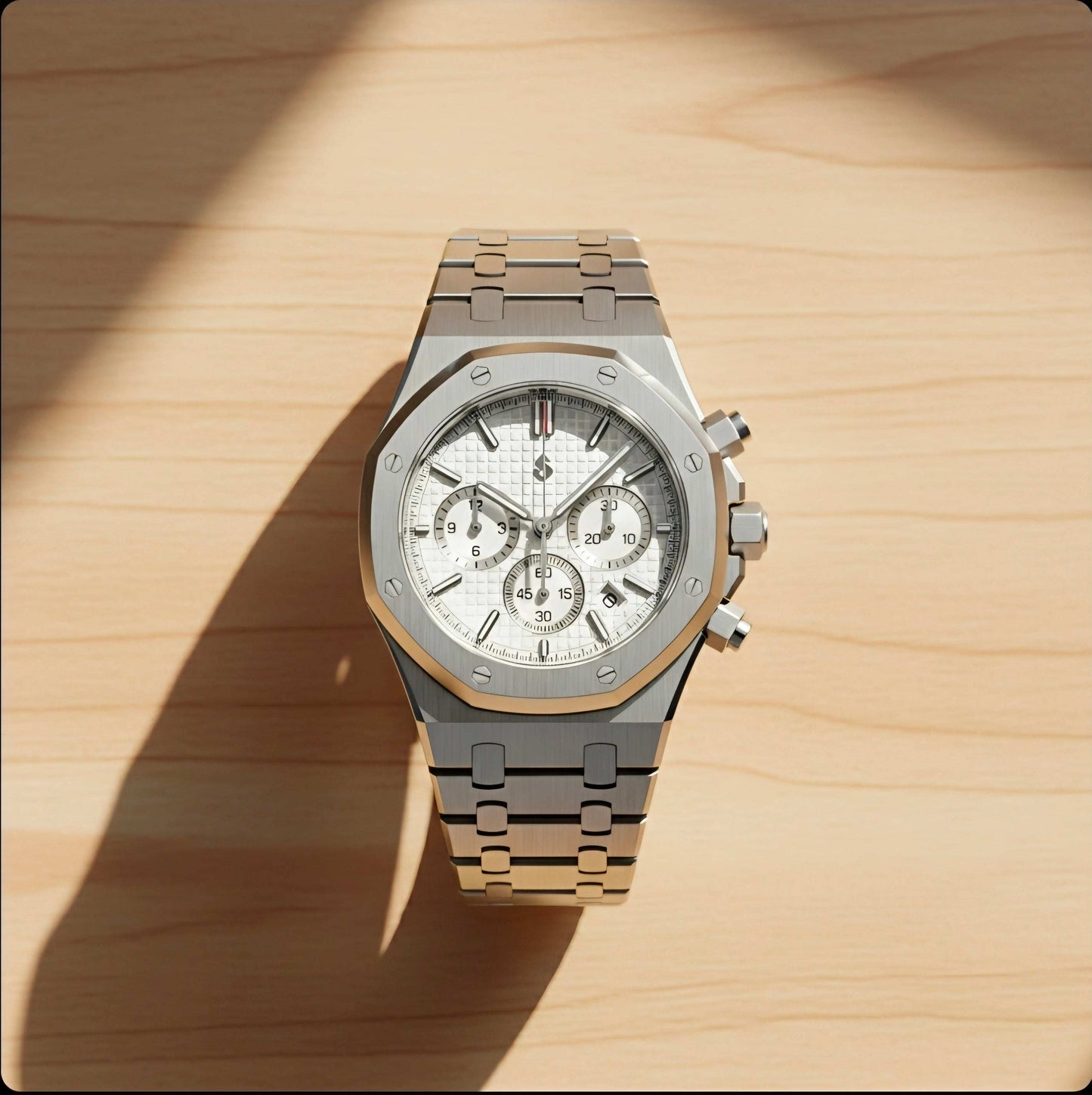 Modded Seiko Heritage Oak chronograph with white dial, stainless steel case, and sapphire crystal glass