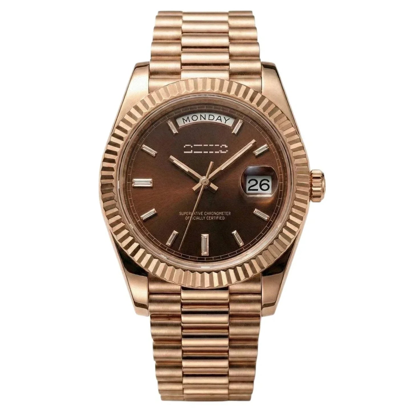 Modded Seiko watch with rose gold case and chocolate dial, day and date display, luxury automatic movement