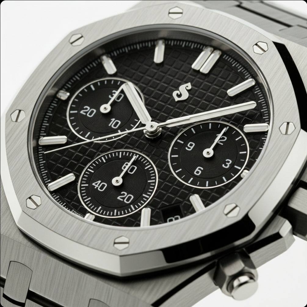 Modded Seiko Heritage Oak Chronograph watch with black dial and stainless steel bracelet