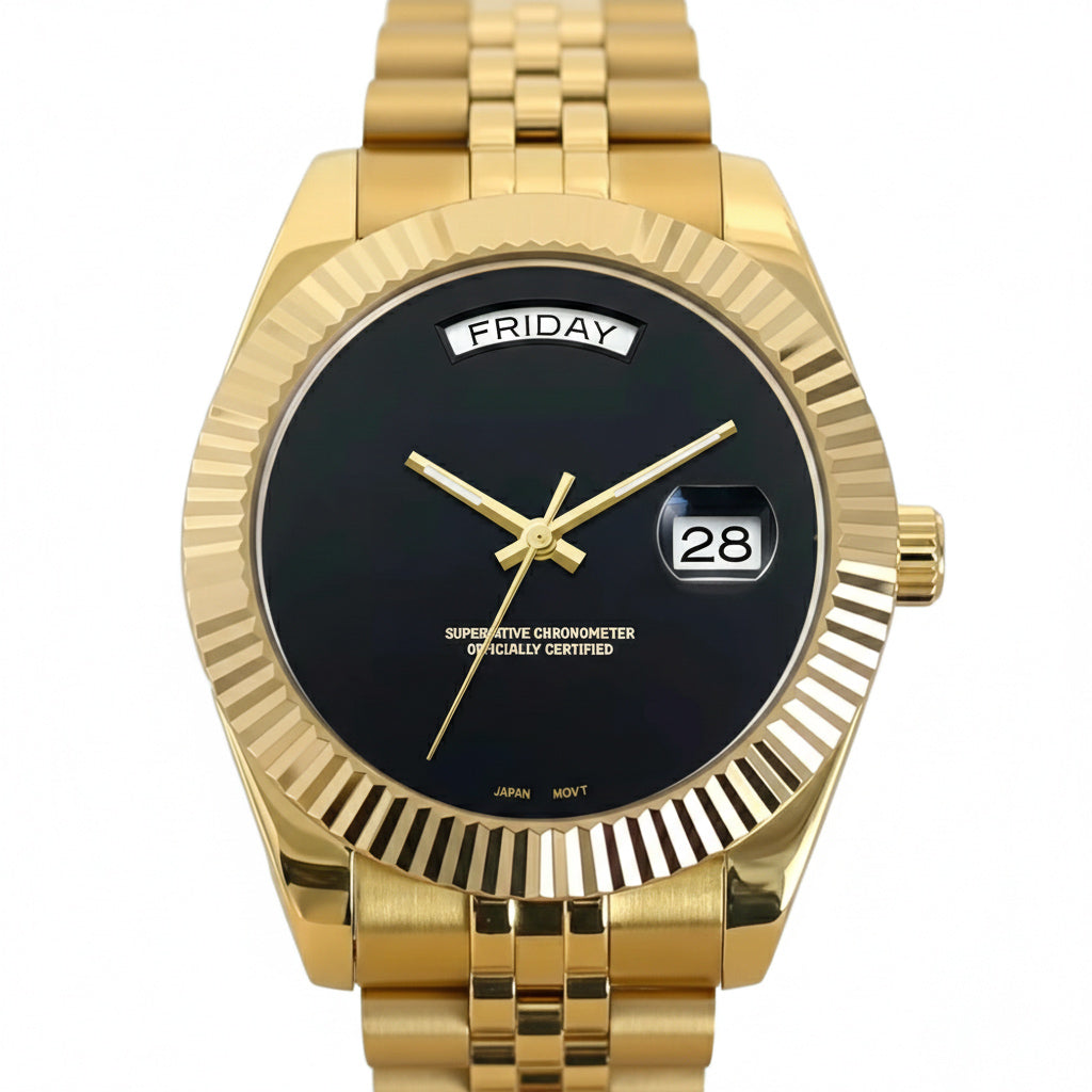 Modtime Seiko Mod luxury day and date watch with black and gold design