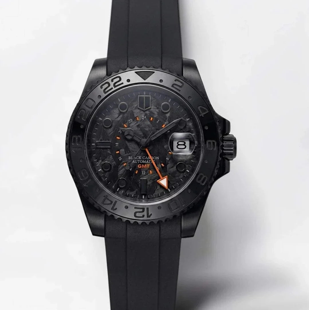 Seiko Mod Submariner GMT Carbon Fiber Stealth Black Orange watch built by Modtime Creations 