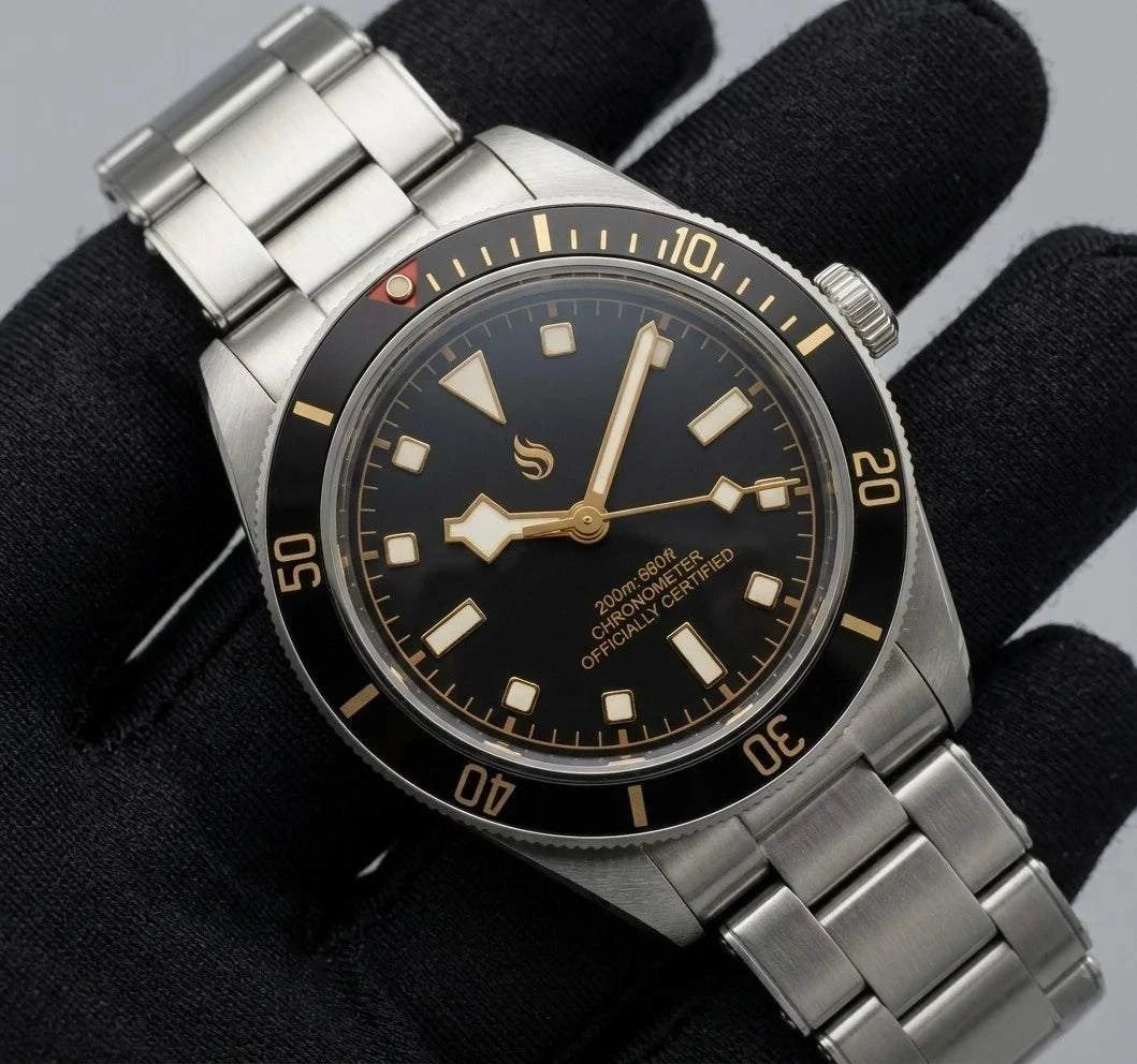 Vintage 39 MM Gold Black Diver Watch Mod Series - Modtime