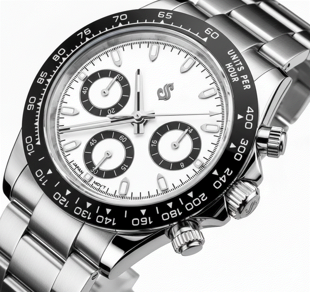 Seitona White Black Panda Dial Seiko Mod luxury chronograph watch with stainless steel bracelet