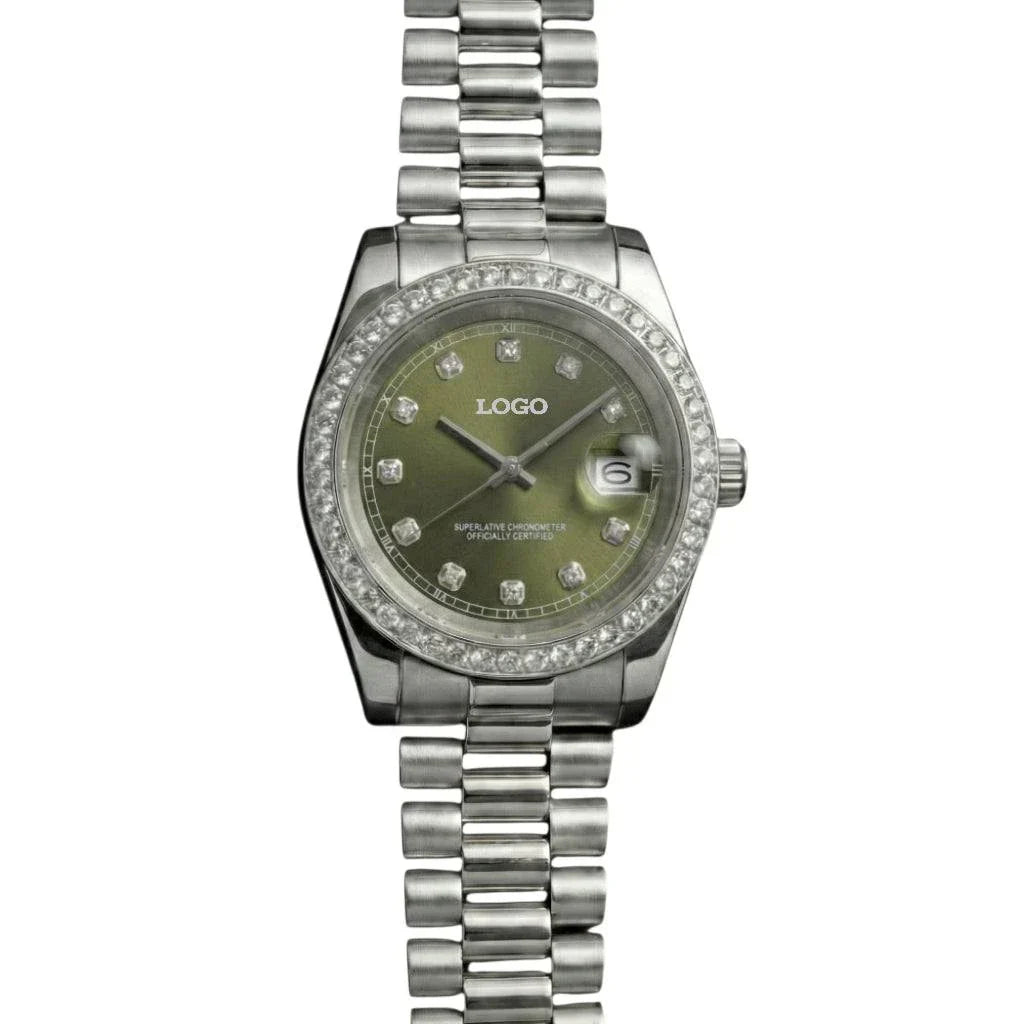 Seiko Mod watch with olive green dial and bling bezel by Modtime Creations