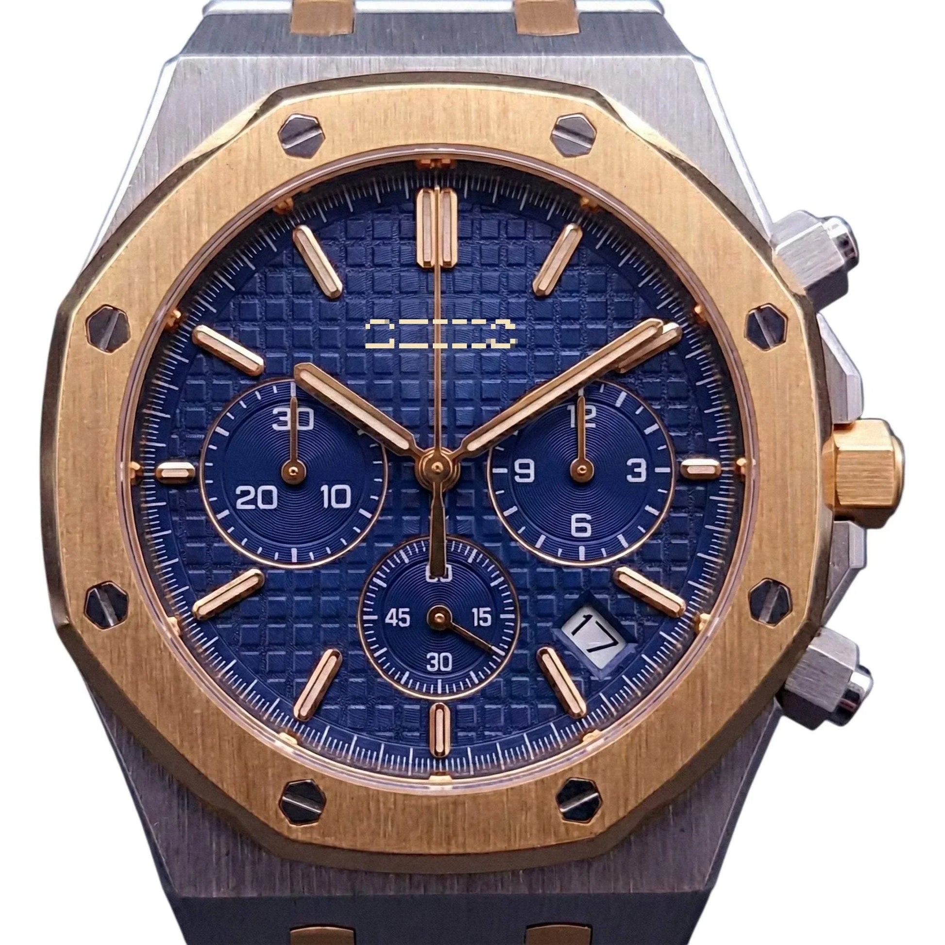 Modded Seiko Heritage Oak chronograph two-tone blue dial watch by Modtime