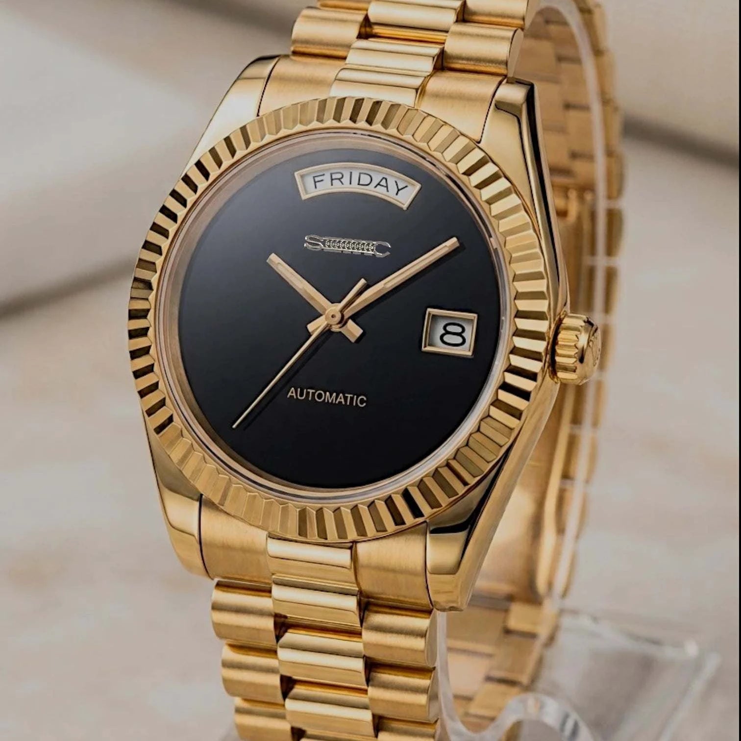 Modtime DayDate Seiko Mod luxury watch in black and gold with Miyota 8285 movement
