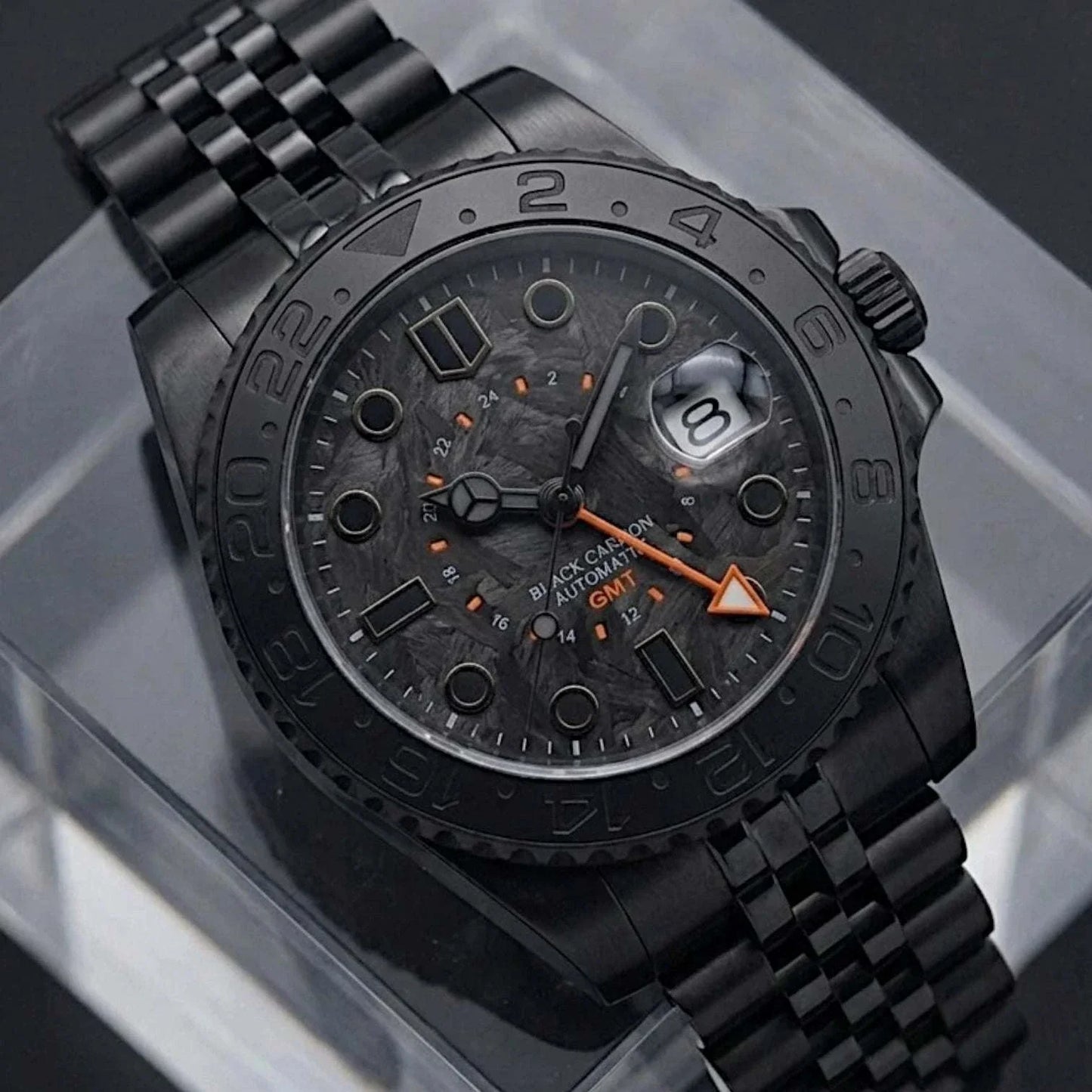 Seiko Mod Submariner GMT Carbon Fiber Stealth Black Orange watch built by Modtime Creations 