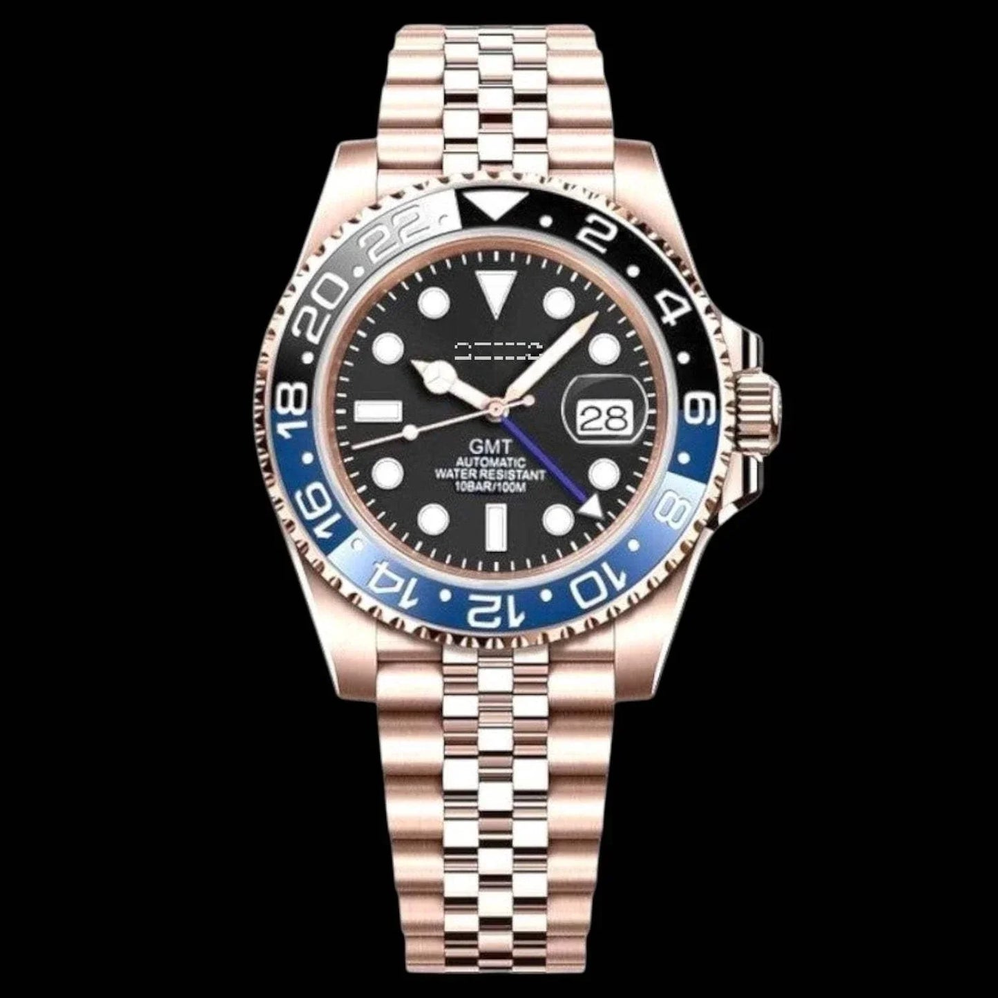 Seikmariner GMT rose gold Seiko Mod watch with blue black dial and ceramic bezel