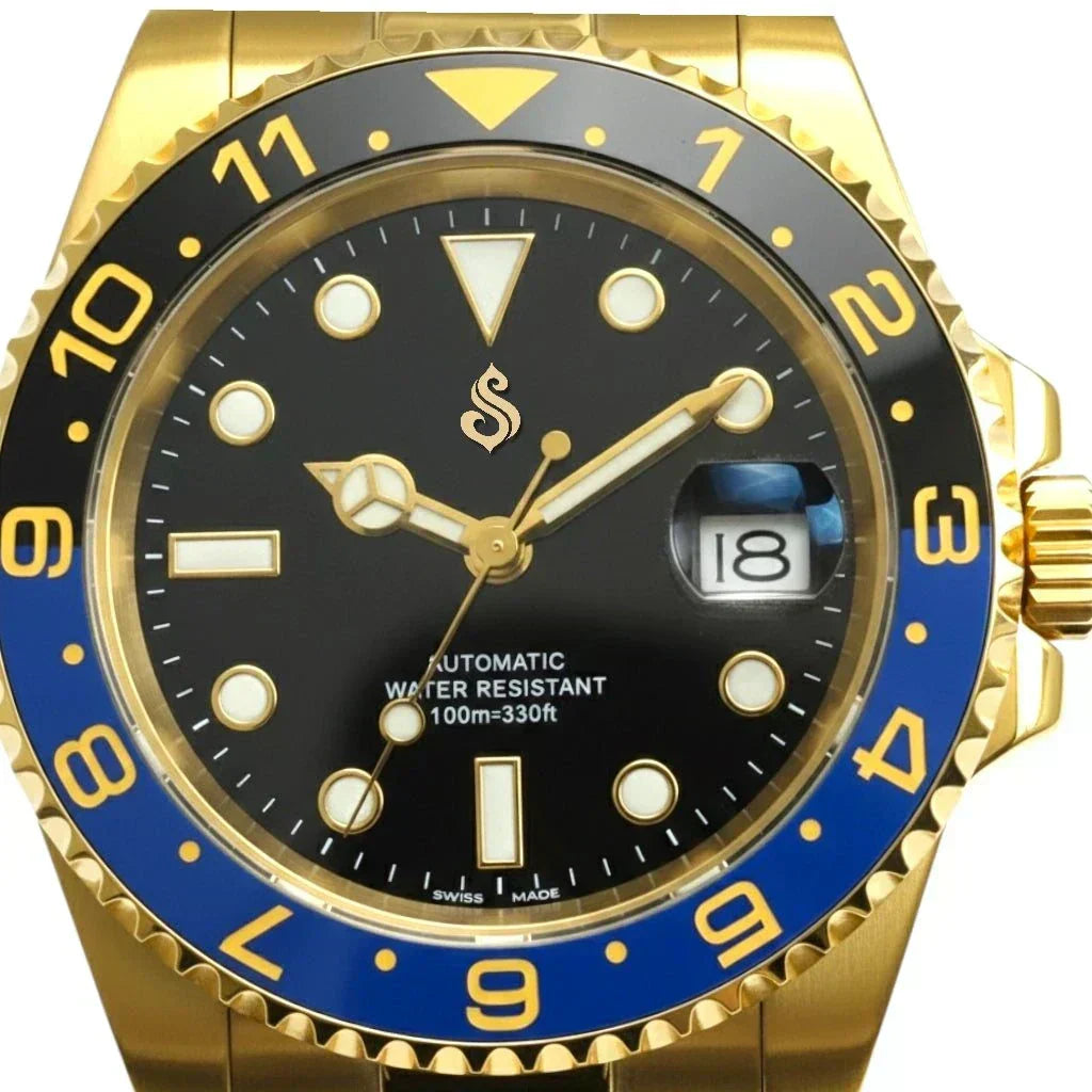 SeikMariner "Batman" 40mm gold black blue Seiko Mod diver watch with sapphire crystal and NH35 automatic movement
