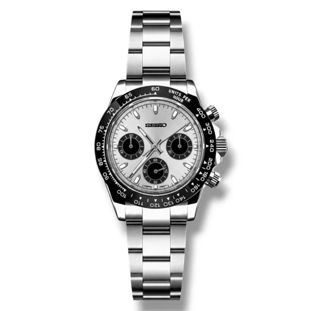 Seiko Mod Seitona Silver Black Dial Chronograph with VK63 hybrid movement and stainless steel bracelet