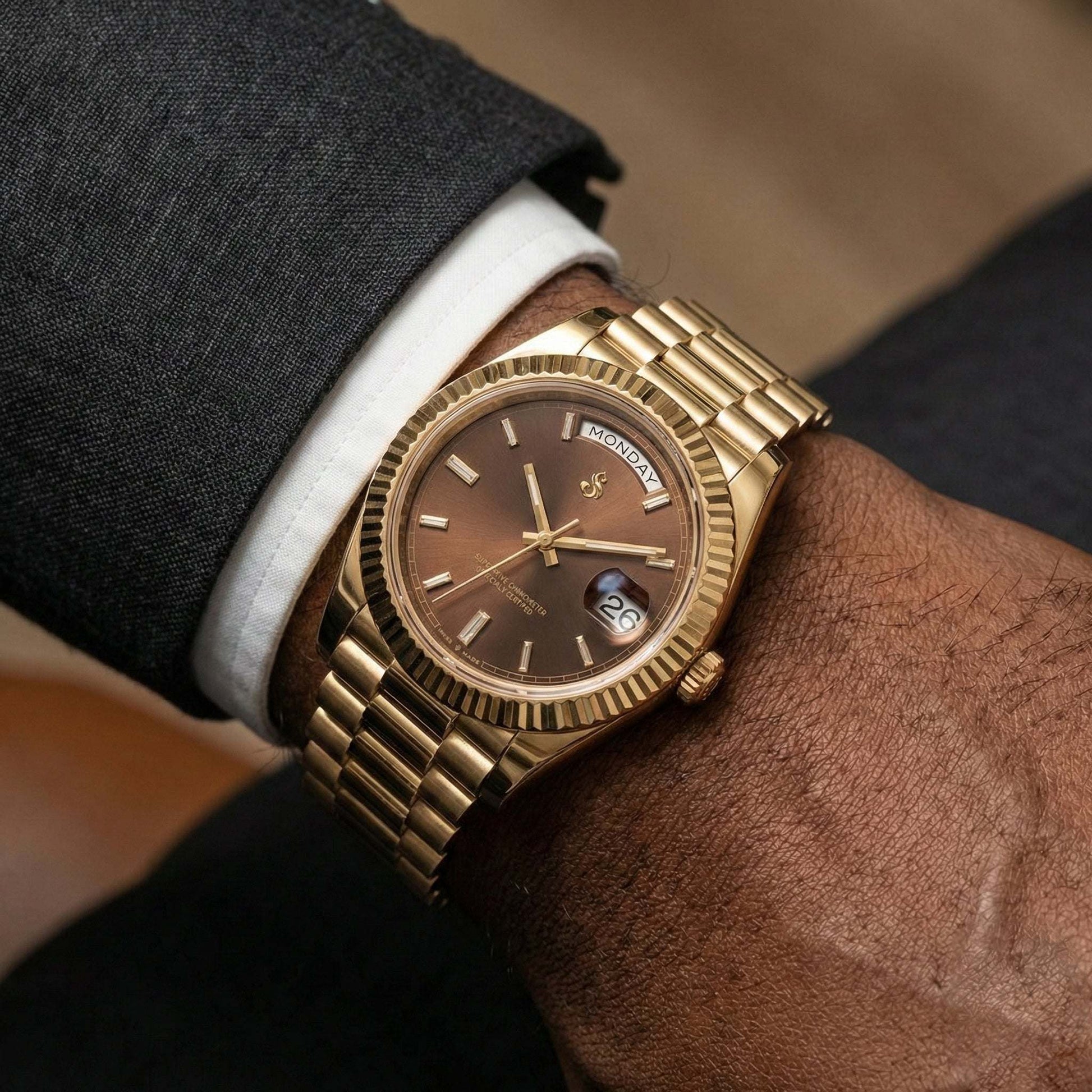 Modded Seiko watch with day and date chocolate dial in gold case by Modtime Creations