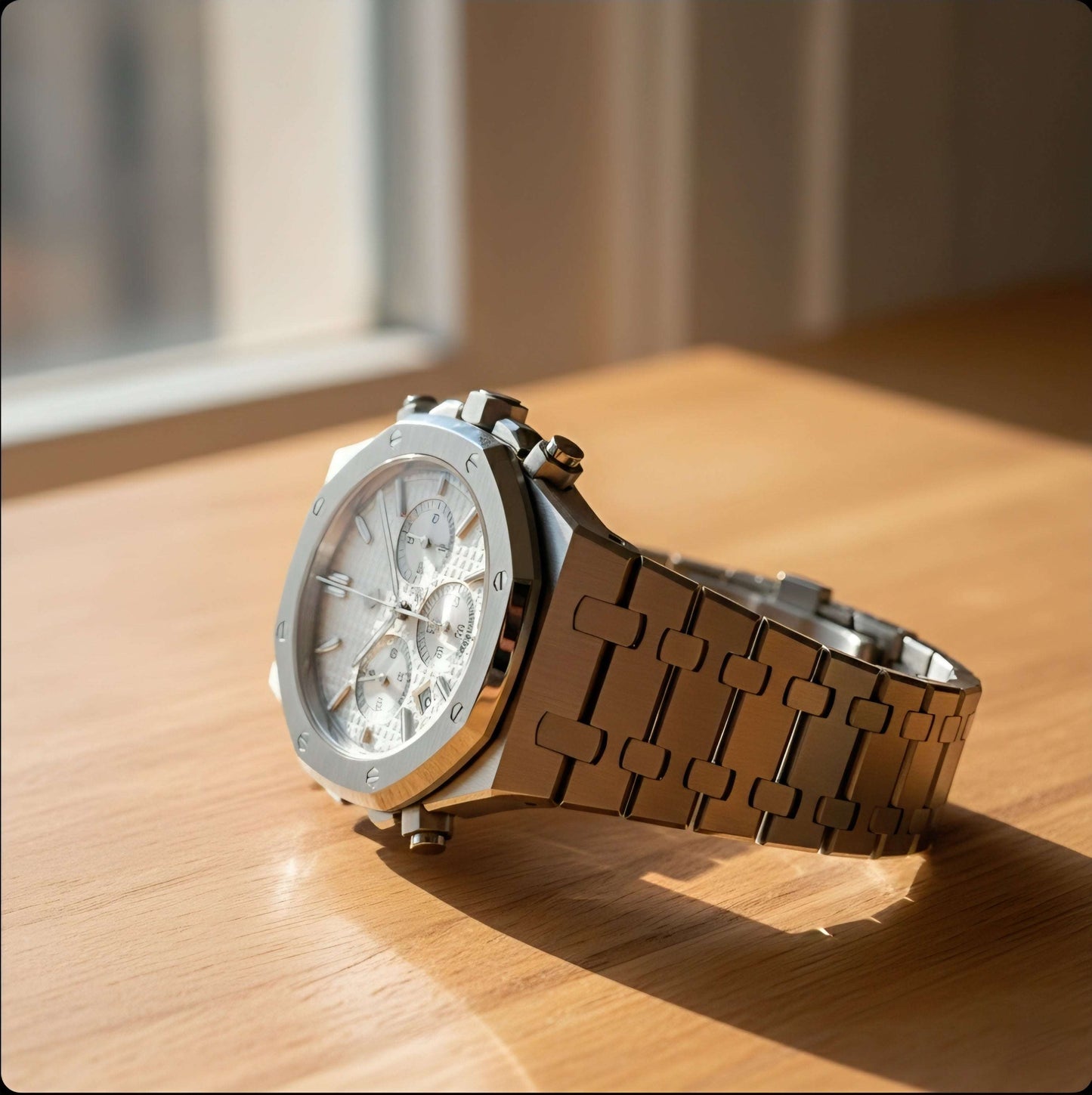 Modded Seiko Heritage Oak chronograph watch with white dial and stainless steel bracelet