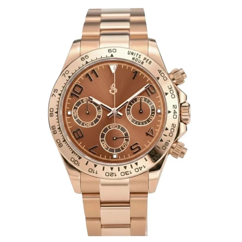 Seitona Rose Gold case watch with Chocolate bronze dial Seiko Mod chronograph luxury timepiece