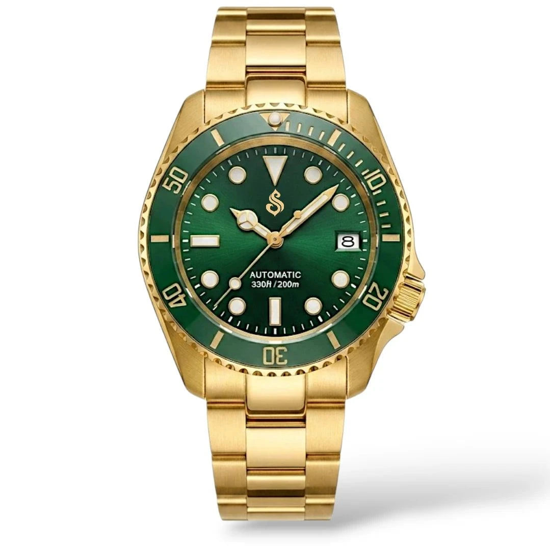 Seiko Mod SKX 42 mm Submariner Green Gold luxury diver watch with NH35 automatic movement and sapphire crystal