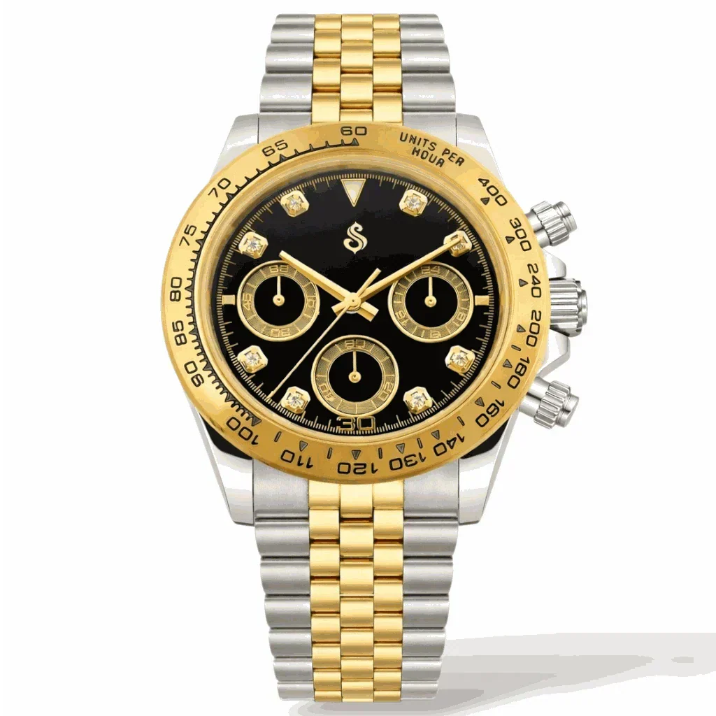 Seitona gold case Seiko Mod chronograph with black gold gem dial and stainless steel bracelet