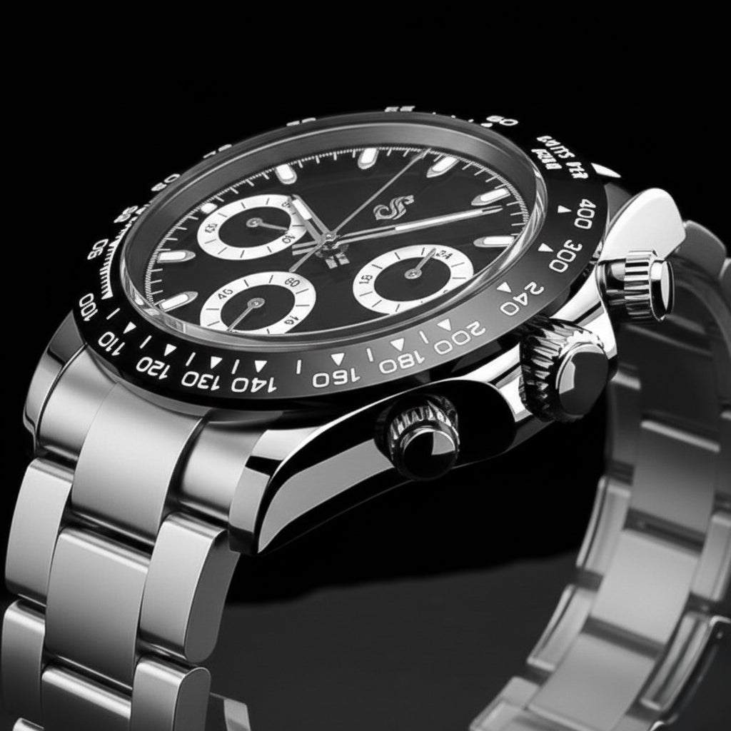 Seitona Black Panda Seiko Mod chronograph watch with stainless steel case and black-white dial