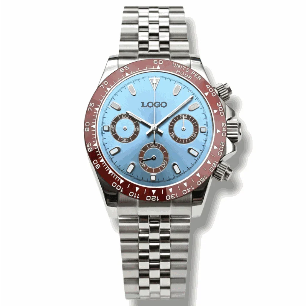 Seitona light blue brown bezel platinum Seiko mod chronograph watch with 40mm stainless steel case and sapphire crystal glass