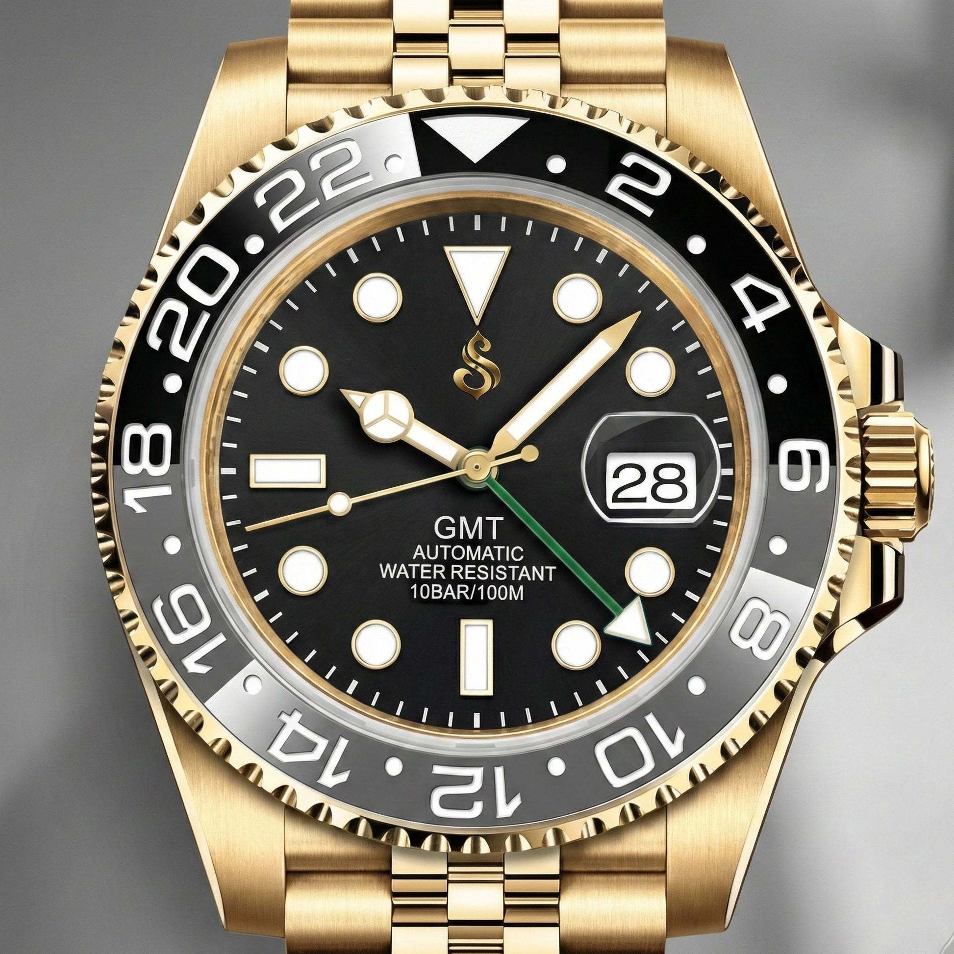 SeikMariner GMT Gold "B Wayne" grey black Seiko Mod luxury watch with ceramic bezel and stainless steel bracelet