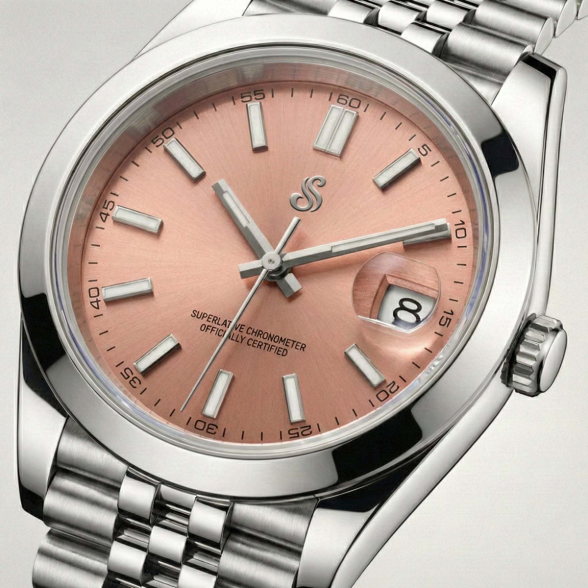 SeikJust Date Window watch with pink salmon dial by Modtime Creations featuring NH35 automatic movement and stainless steel case