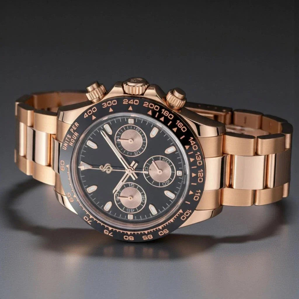 Seiko mod Seitona rose gold watch with black dial and bezel luxury chronograph