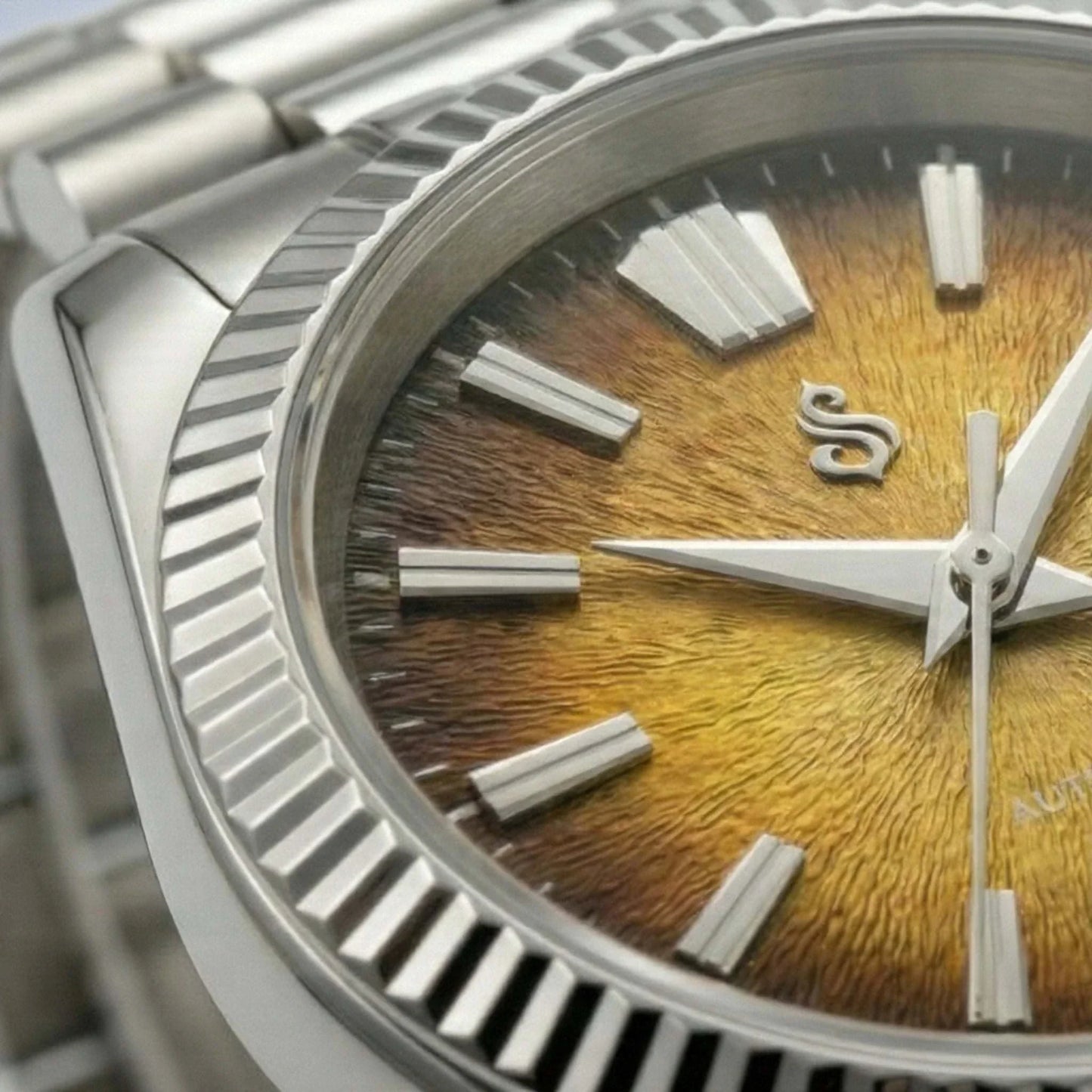 Seiko mod watch with textured grand gold dial and date window by Modtime Creations
