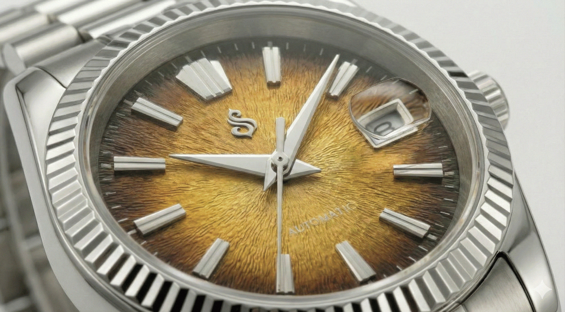 Seiko mod watch with textured grand gold dial and date window by Modtime Creations
